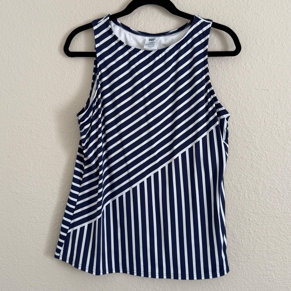 Lands End Womens 16 Navy Striped Modest Tankini Swim Top Wire Free Preppy Beachy